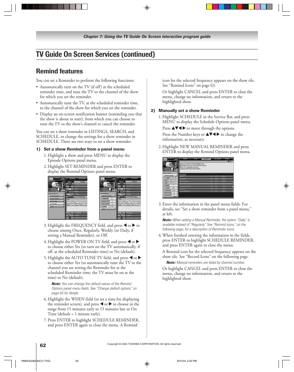 Tv guide on screen services (continued), Remind features | Toshiba 46HM94 User Manual | Page 62 / 108