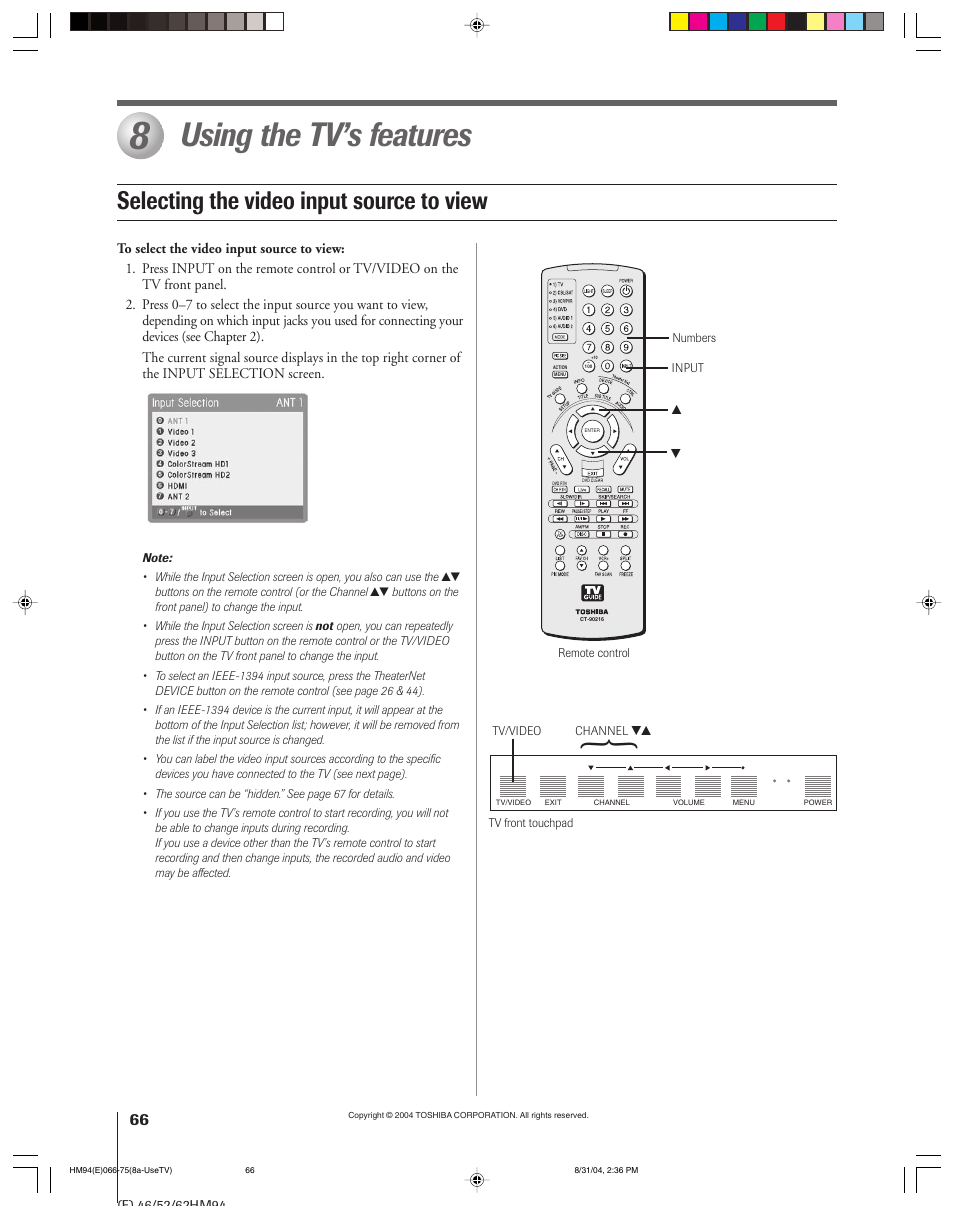 Using the tv’s features, Selecting the video input source to view | Toshiba 46HM94 User Manual | Page 66 / 108