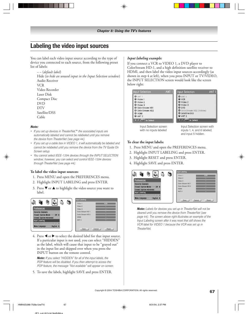 Labeling the video input sources, Chapter 8: using the tv’s features | Toshiba 46HM94 User Manual | Page 67 / 108