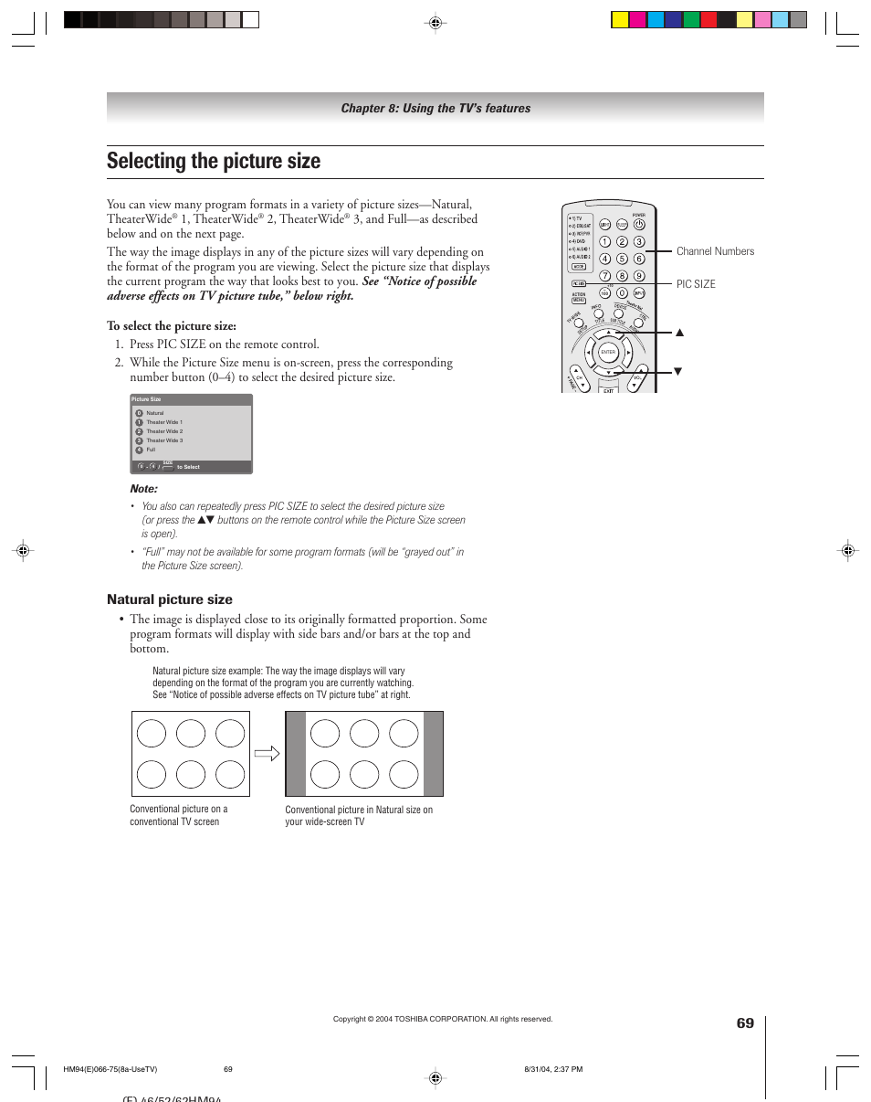 Selecting the picture size, Natural picture size, 1, theaterwide | 2, theaterwide, Chapter 8: using the tv’s features | Toshiba 46HM94 User Manual | Page 69 / 108