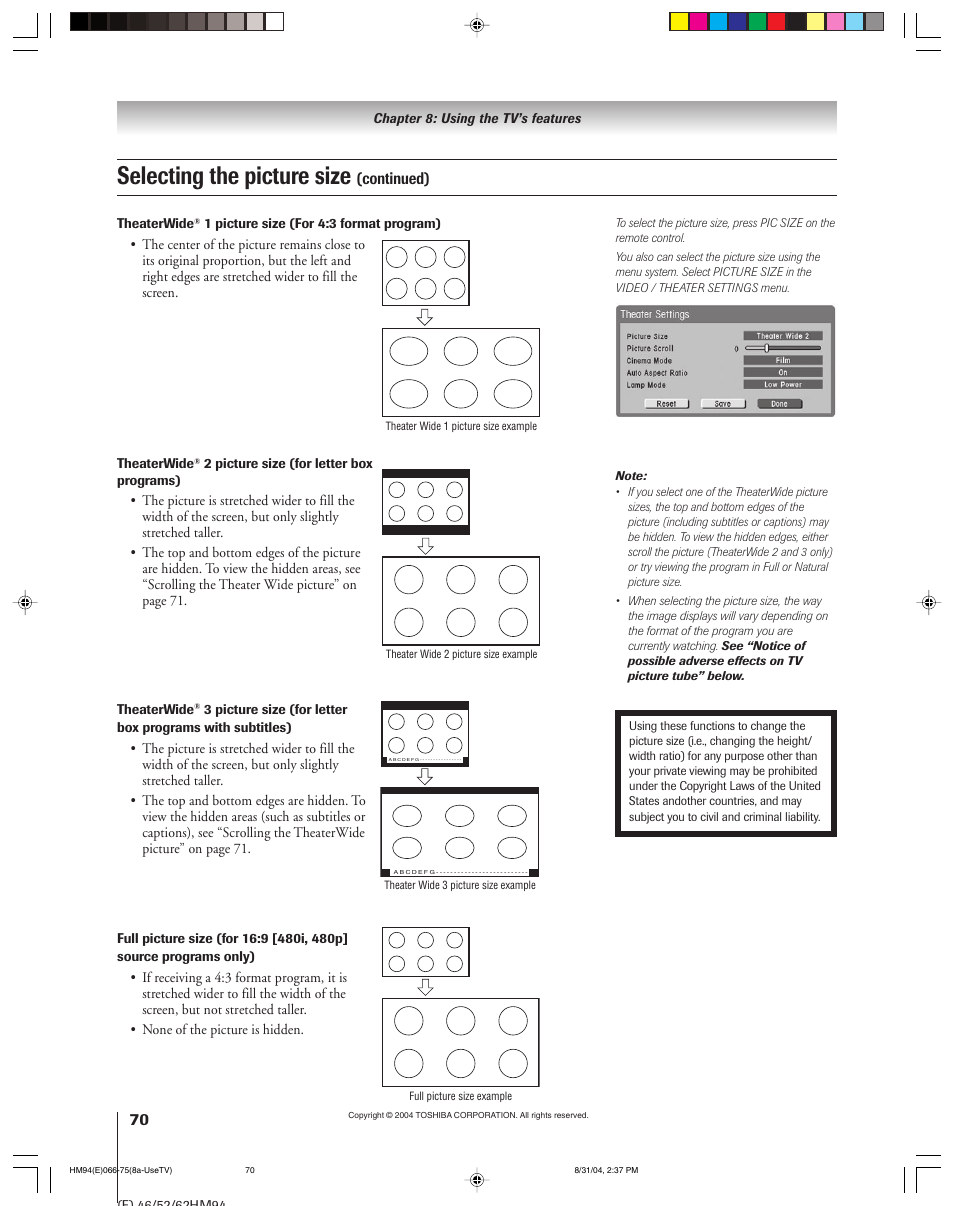 Selecting the picture size, Continued) | Toshiba 46HM94 User Manual | Page 70 / 108