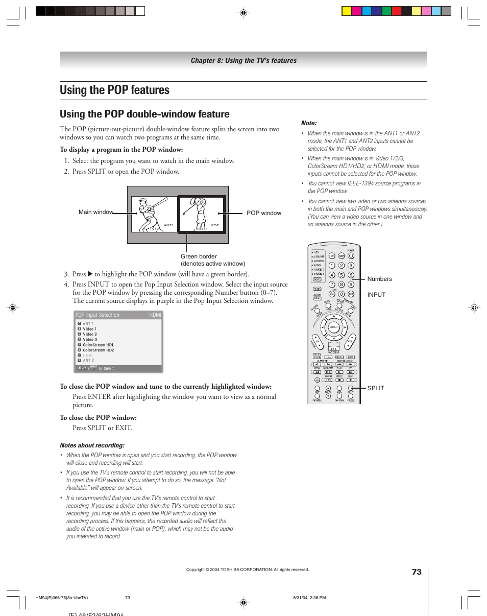 Using the pop features, Using the pop double-window feature | Toshiba 46HM94 User Manual | Page 73 / 108
