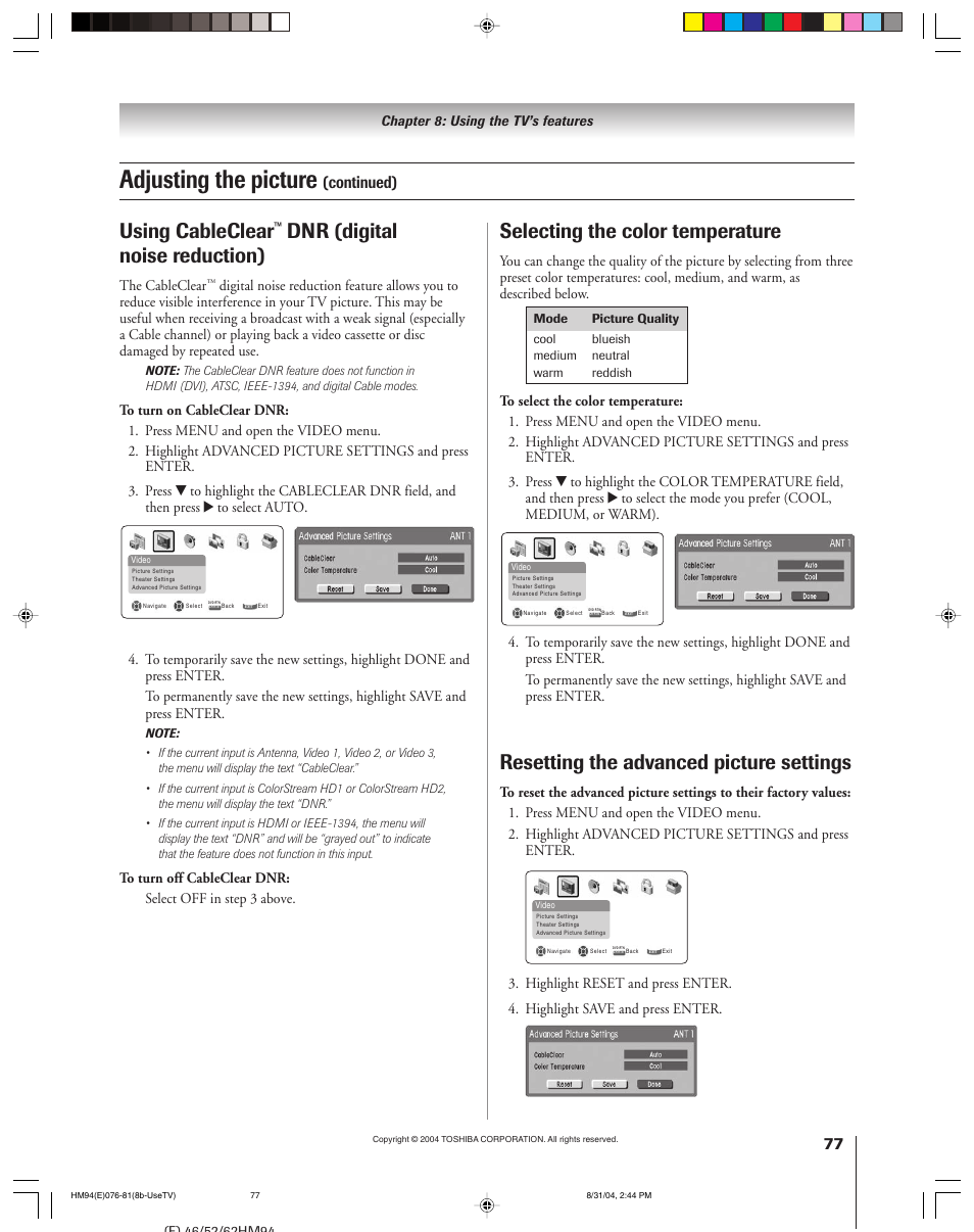 Adjusting the picture, Using cableclear, Dnr (digital noise reduction) | Selecting the color temperature, Resetting the advanced picture settings, Continued) | Toshiba 46HM94 User Manual | Page 77 / 108