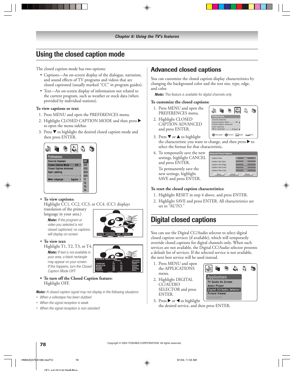 Using the closed caption mode, Digital closed captions, Advanced closed captions | Toshiba 46HM94 User Manual | Page 78 / 108