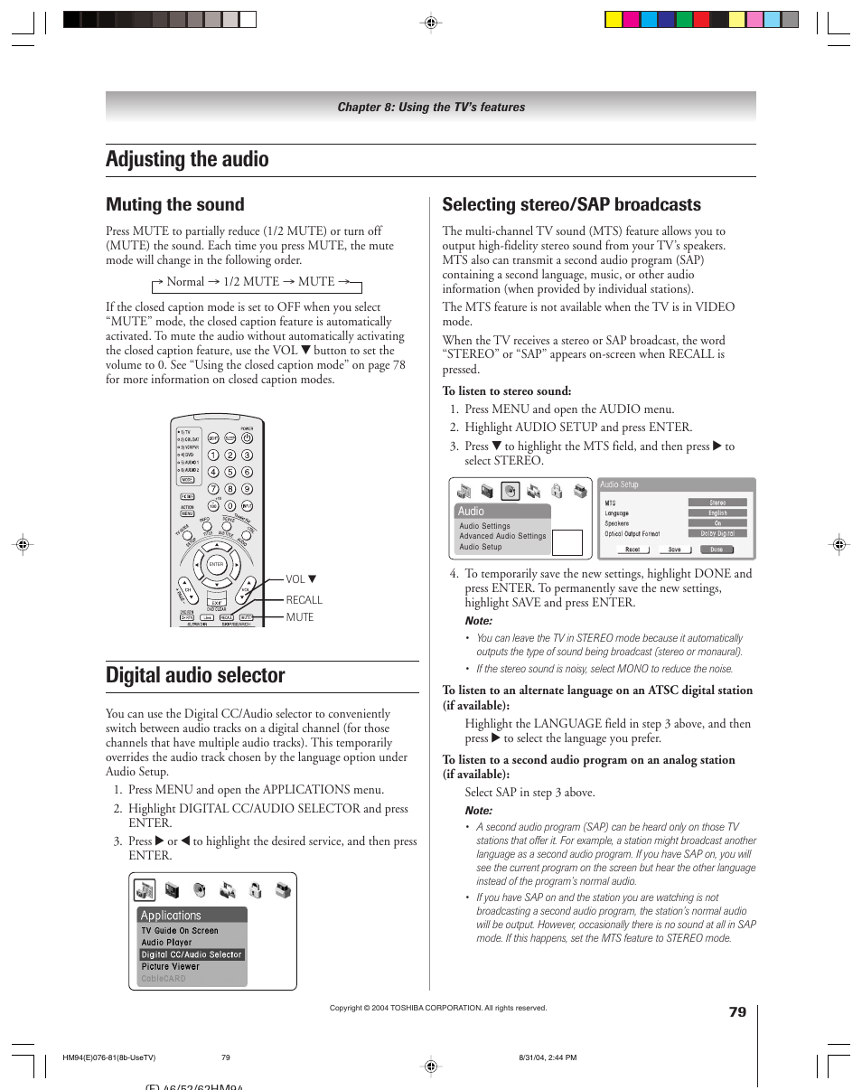 Adjusting the audio, Digital audio selector, Muting the sound | Selecting stereo/sap broadcasts | Toshiba 46HM94 User Manual | Page 79 / 108