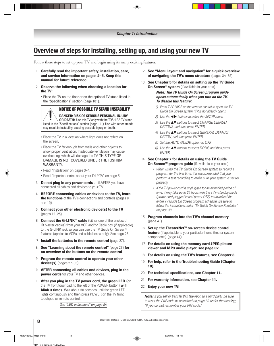 Toshiba 46HM94 User Manual | Page 8 / 108