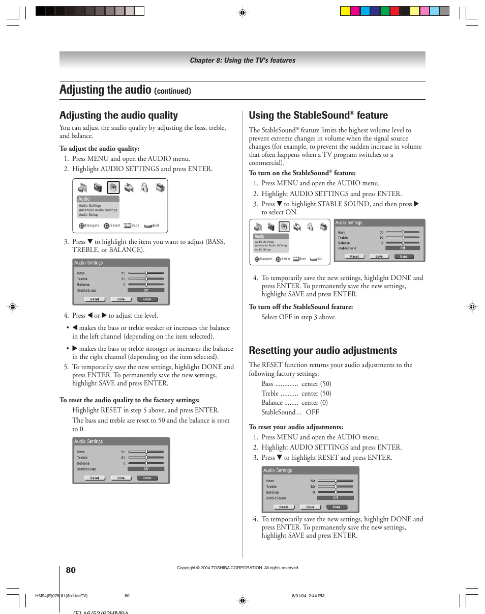 Adjusting the audio, Using the stablesound, Feature | Resetting your audio adjustments, Adjusting the audio quality, Continued) | Toshiba 46HM94 User Manual | Page 80 / 108