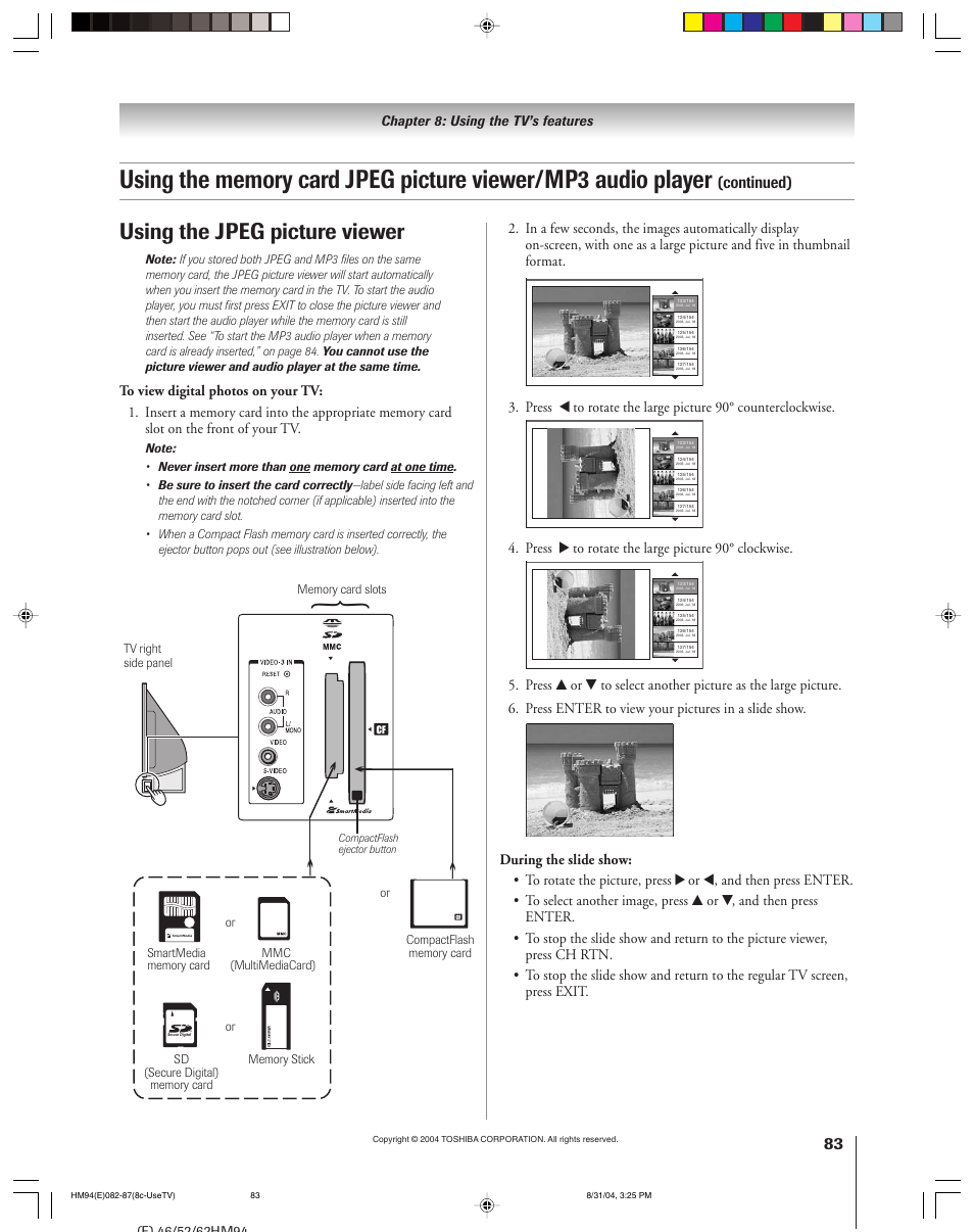 Using the jpeg picture viewer, Continued), Press • to rotate the large picture 90° clockwise | Toshiba 46HM94 User Manual | Page 83 / 108