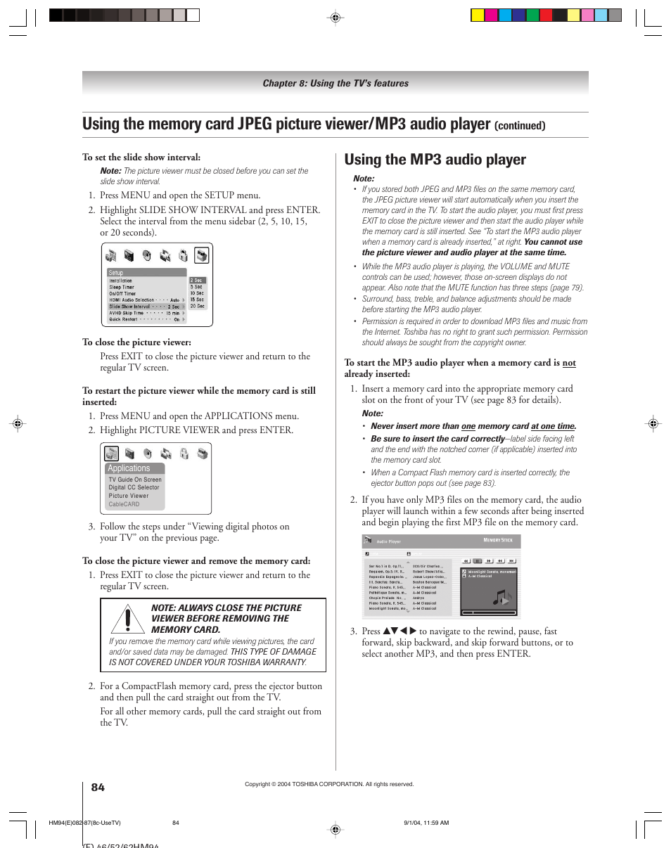 Using the mp, Audio player | Toshiba 46HM94 User Manual | Page 84 / 108