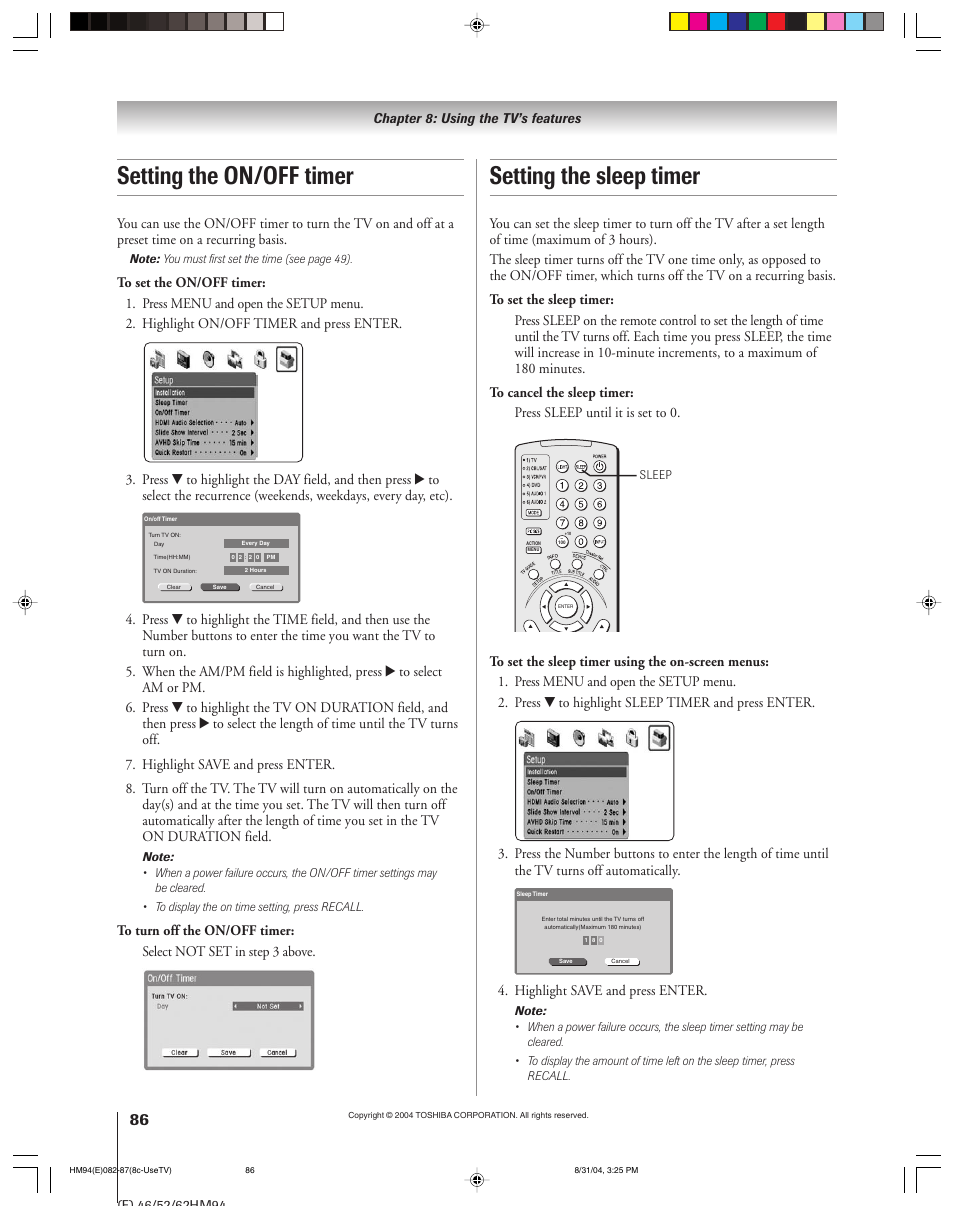Setting the sleep timer, Setting the on/off timer | Toshiba 46HM94 User Manual | Page 86 / 108