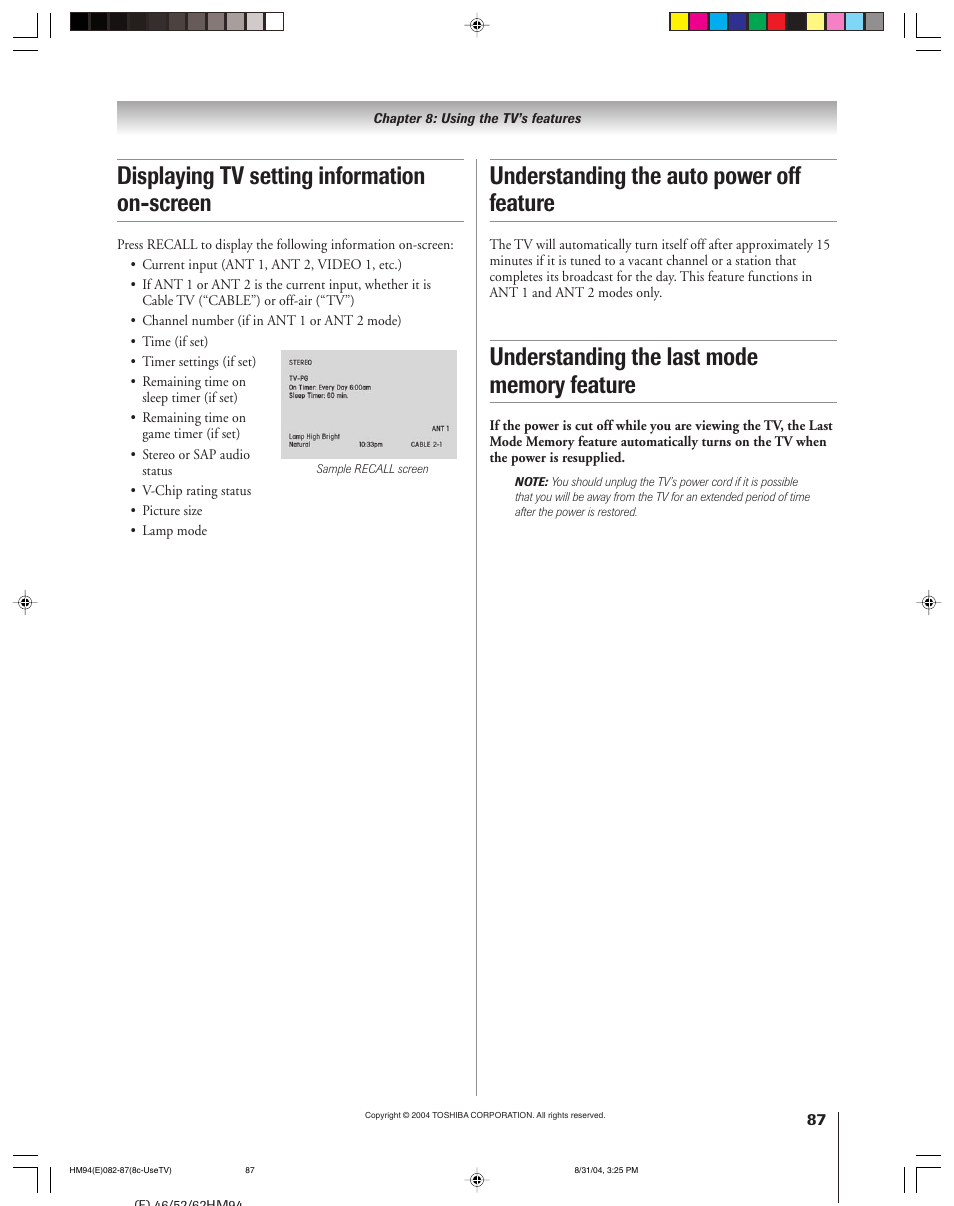 Displaying tv setting information on-screen, Understanding the auto power off feature | Toshiba 46HM94 User Manual | Page 87 / 108
