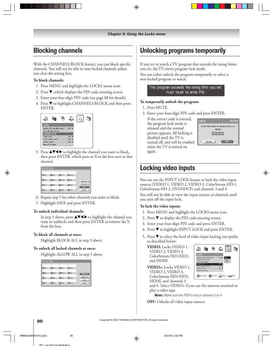Locking video inputs, Blocking channels, Unlocking programs temporarily | Off: unlocks all video input sources | Toshiba 46HM94 User Manual | Page 90 / 108