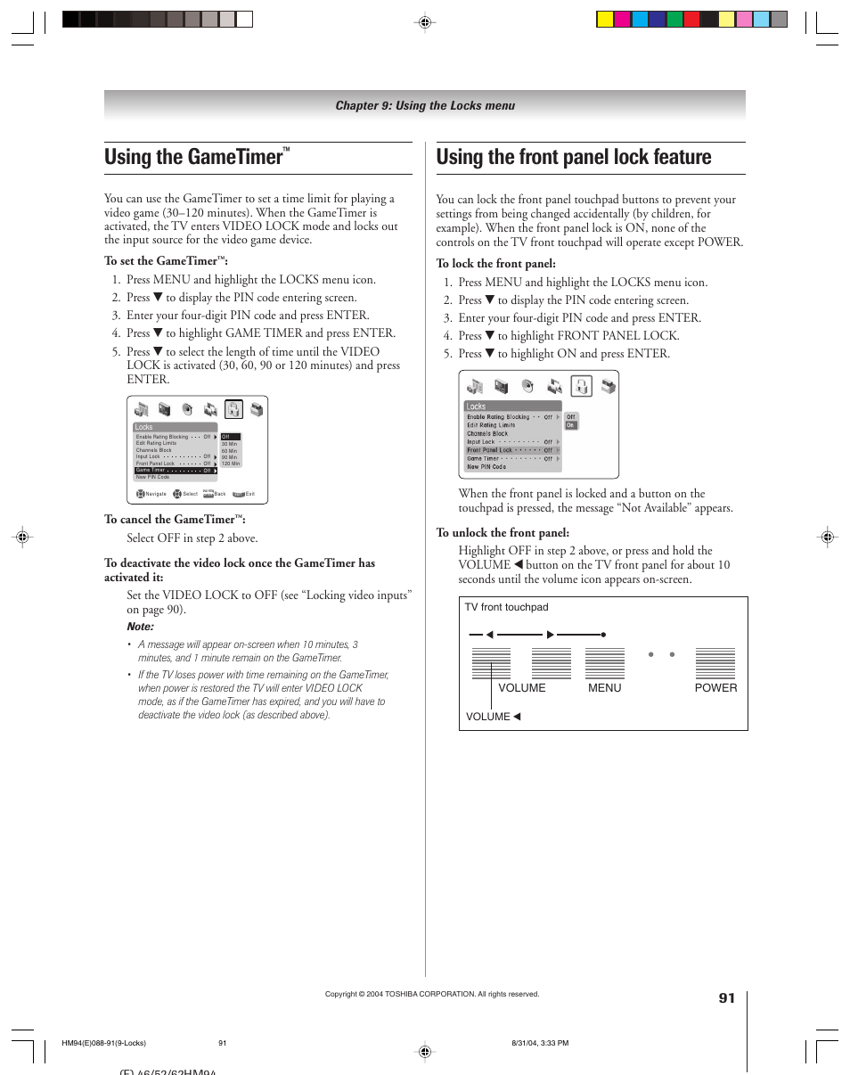 Using the gametimer, Using the front panel lock feature, Chapter 9: using the locks menu | Toshiba 46HM94 User Manual | Page 91 / 108