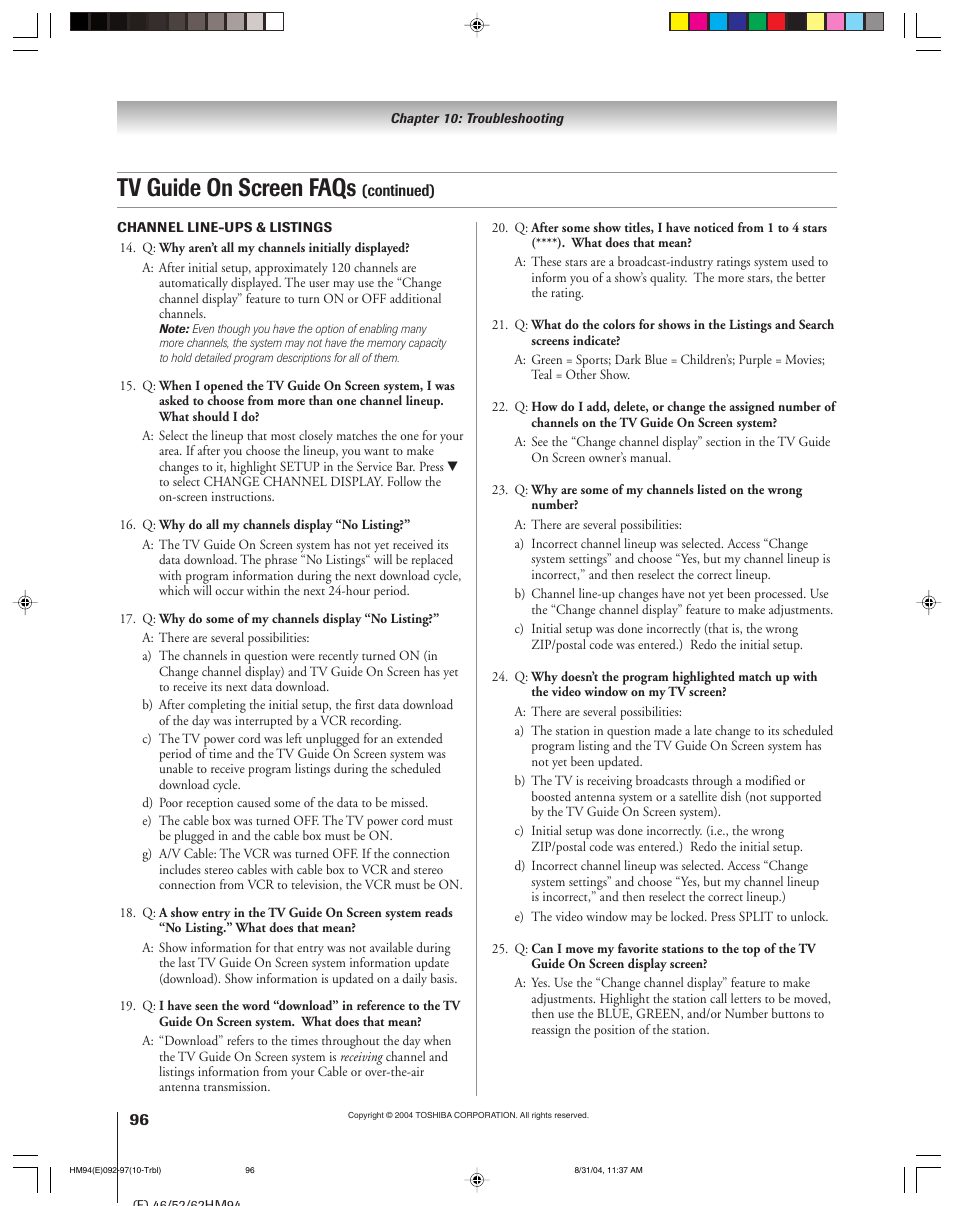 Tv guide on screen faqs | Toshiba 46HM94 User Manual | Page 96 / 108