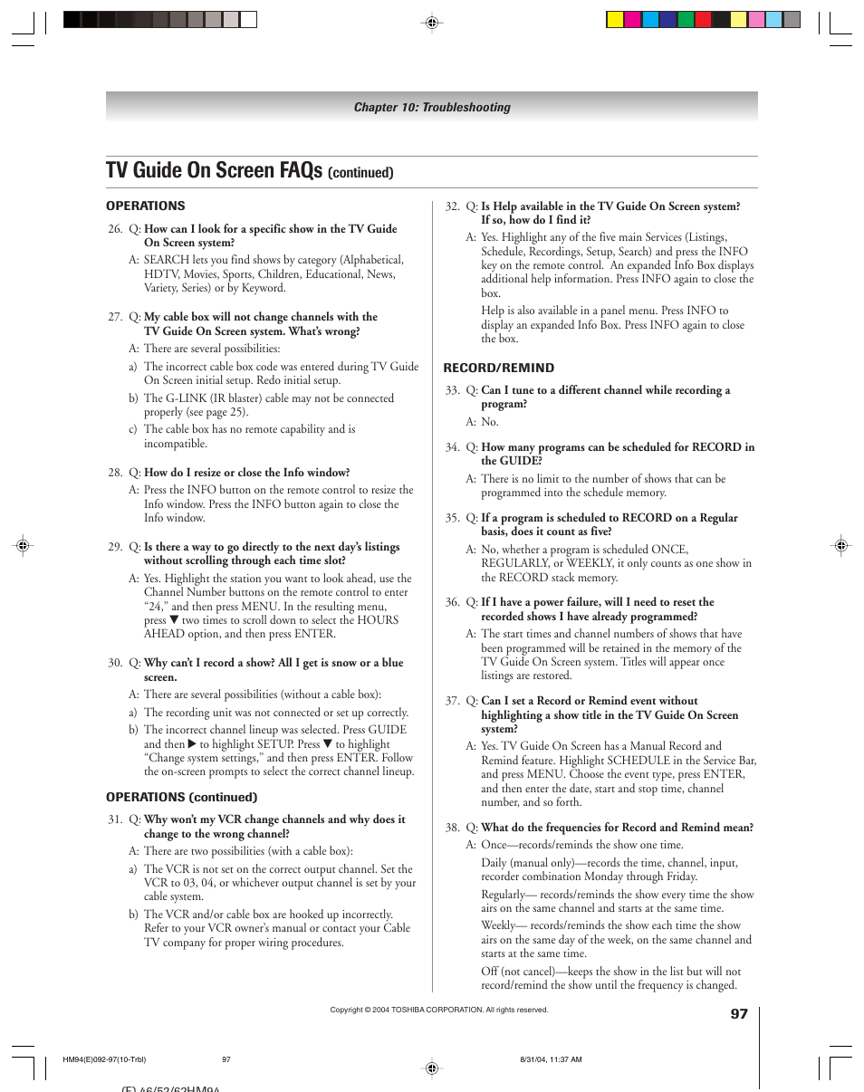 Tv guide on screen faqs | Toshiba 46HM94 User Manual | Page 97 / 108