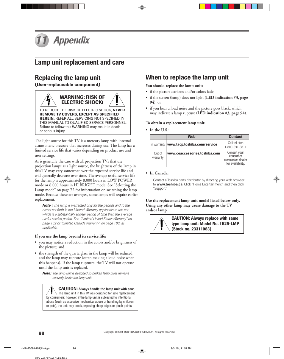 Appendix, Lamp unit replacement and care, Replacing the lamp unit | When to replace the lamp unit | Toshiba 46HM94 User Manual | Page 98 / 108