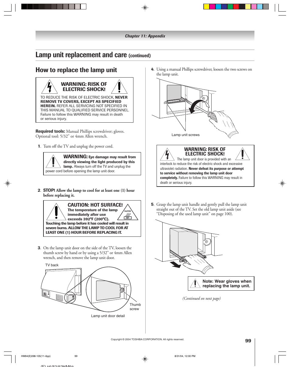 Lamp unit replacement and care, How to replace the lamp unit | Toshiba 46HM94 User Manual | Page 99 / 108