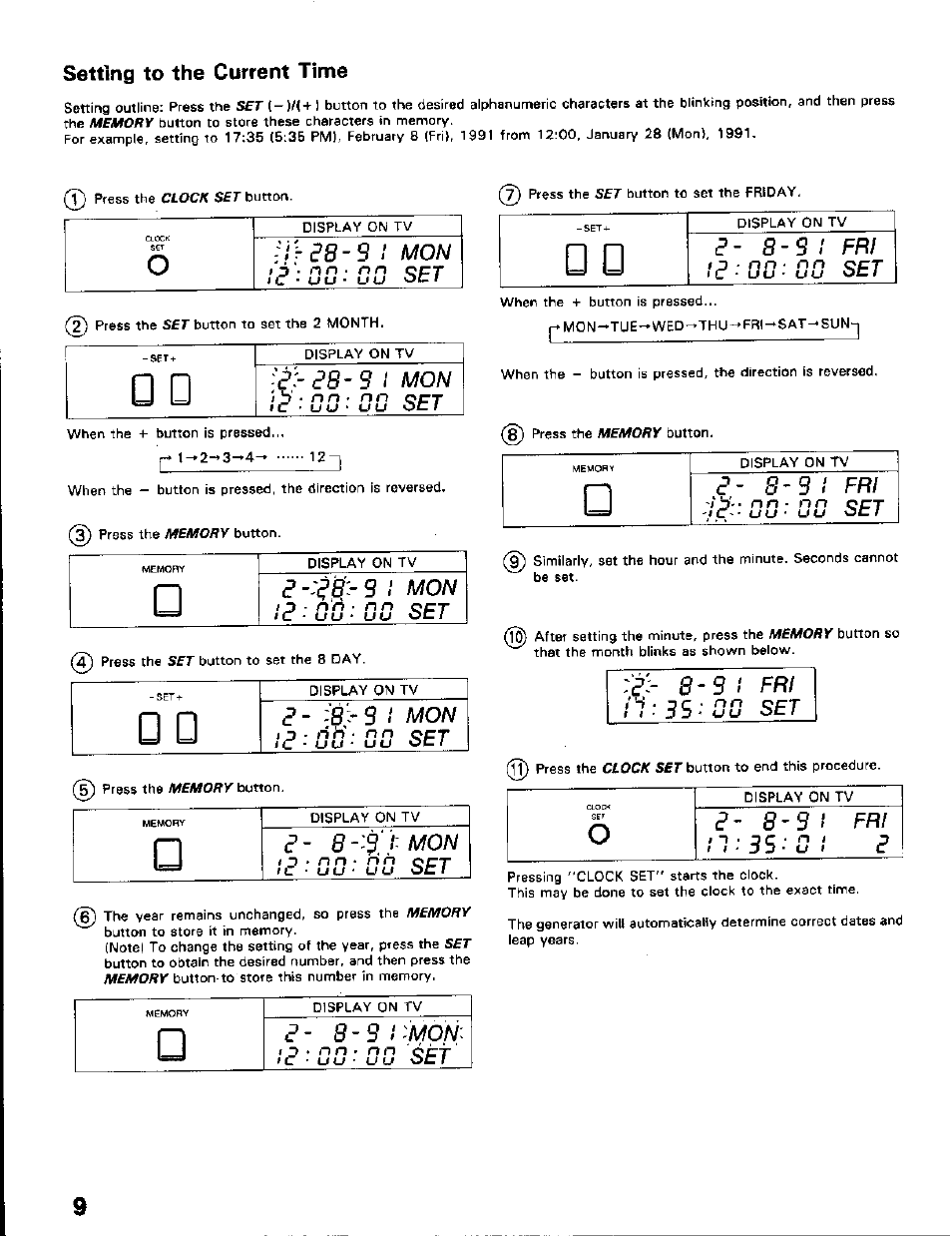 Setting to the current time, И^гз-9 i, Mon set | S 1 mon, 8-9!-mon, Fri set, 9 í - nn ■ nn, О * n n, Г 9 1 mon, 0 ' )'mon | Toshiba KV-5124A User Manual | Page 10 / 19
