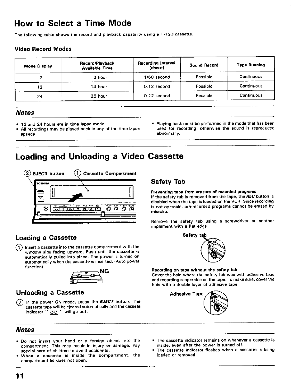 How to select a time mode, Video record modes, Loading and unloading a video cassette | Unloading a cassette, Safety tab, Loading a cassette ф, Votes | Toshiba KV-5124A User Manual | Page 12 / 19