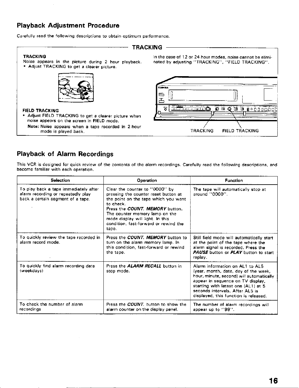 Tracking, Field tracking, Playback adjustment procedure | Playback of alarm recordings | Toshiba KV-5124A User Manual | Page 17 / 19