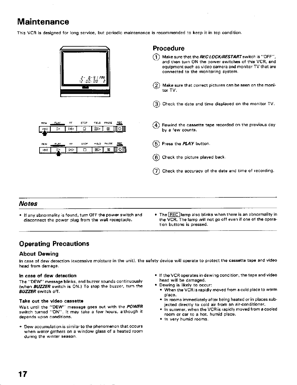 Maintenance, About dewing, Procedure | Operating precautions | Toshiba KV-5124A User Manual | Page 18 / 19