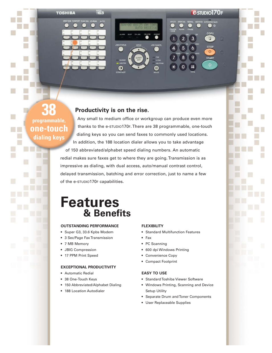 Features, Benefits, One-touch | Dialing keys, Productivity is on the rise | Toshiba Workgroup17 User Manual | Page 4 / 6