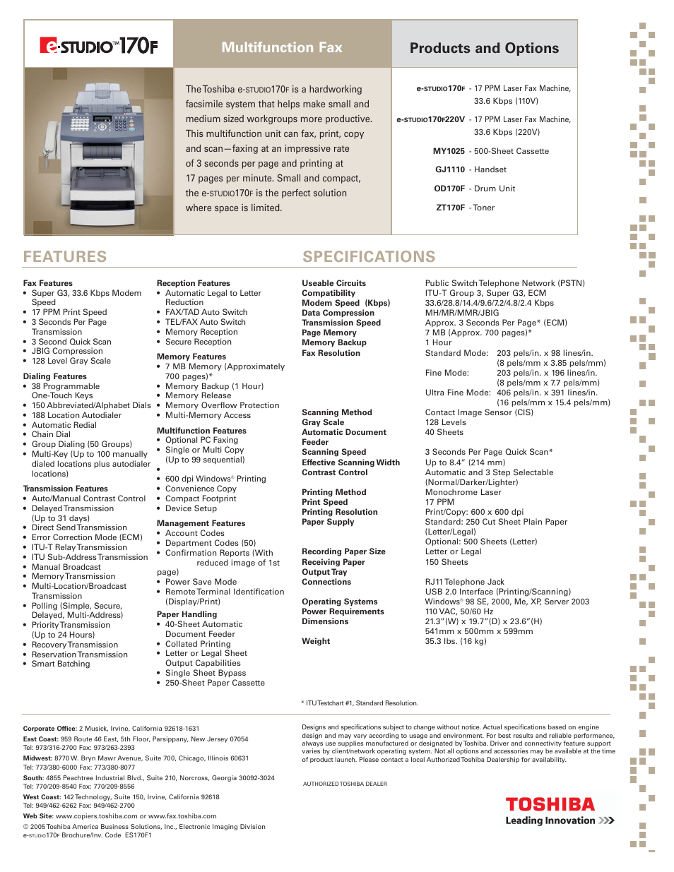 Features specifications, Multifunction fax, Products and options | Toshiba Workgroup17 User Manual | Page 6 / 6