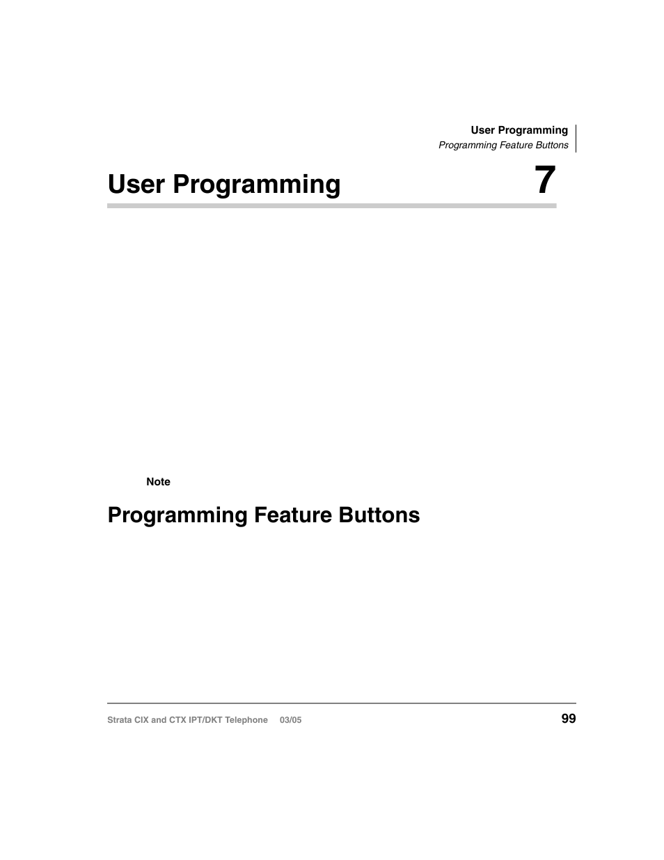 User programming 7, Programming feature buttons, Chapter 6 — user programming | Quence. see, Programming, User programming | Toshiba CIX User Manual | Page 113 / 141