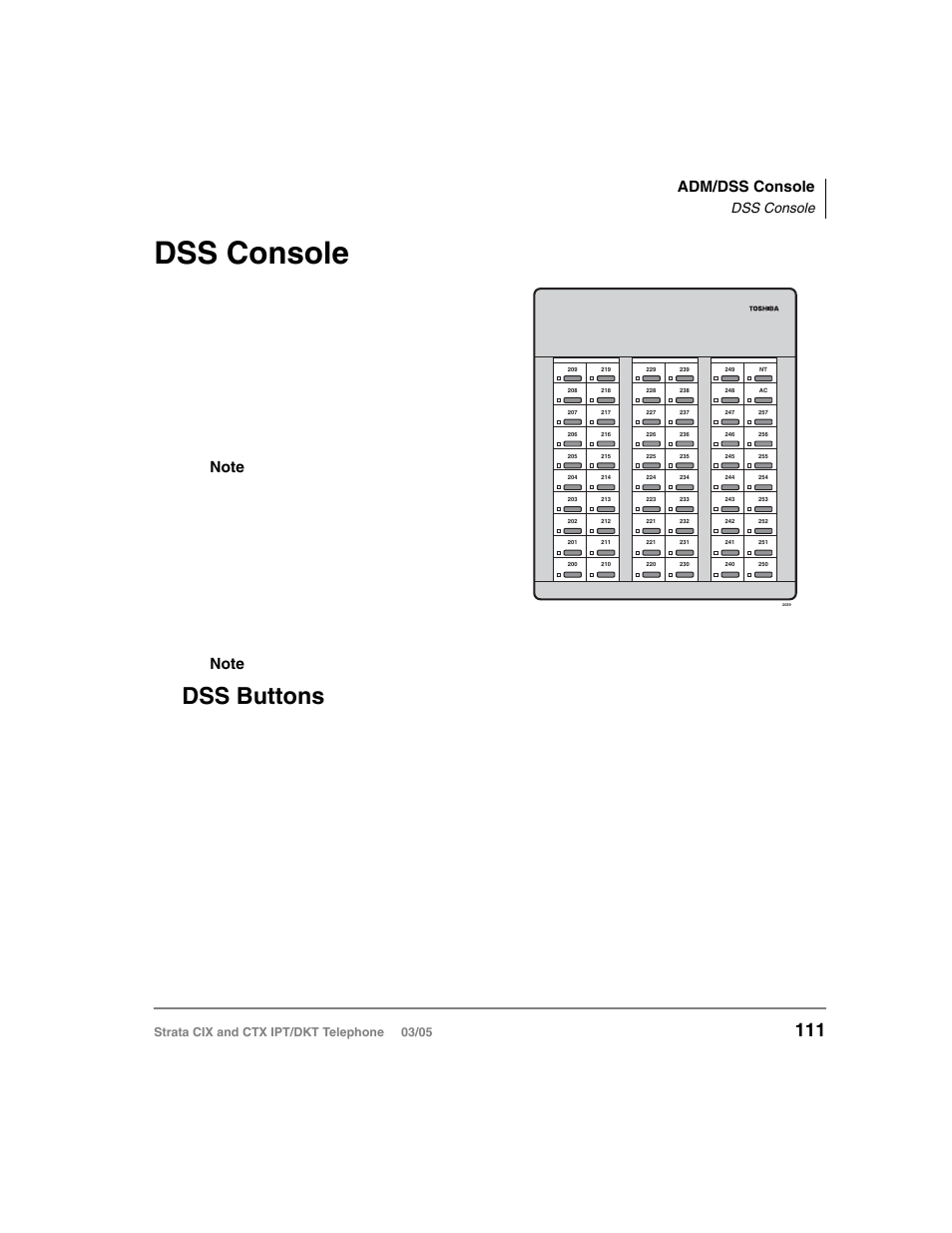 Dss console, Dss buttons, Adm/dss console | Strata cix and ctx ipt/dkt telephone 03/05 | Toshiba CIX User Manual | Page 125 / 141