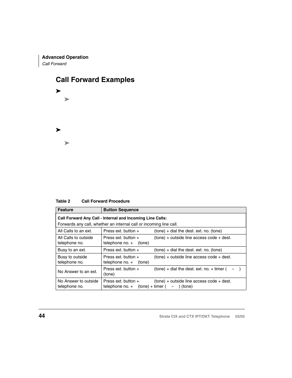 Call forward examples, Table 2, Call forward procedure | Contains call forwa, Tone) means that | Toshiba CIX User Manual | Page 58 / 141