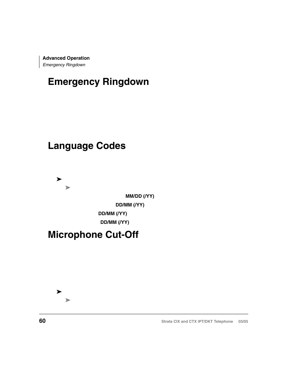 Emergency ringdown, Language codes, Microphone cut-off | Emergency ringdown language codes | Toshiba CIX User Manual | Page 74 / 141