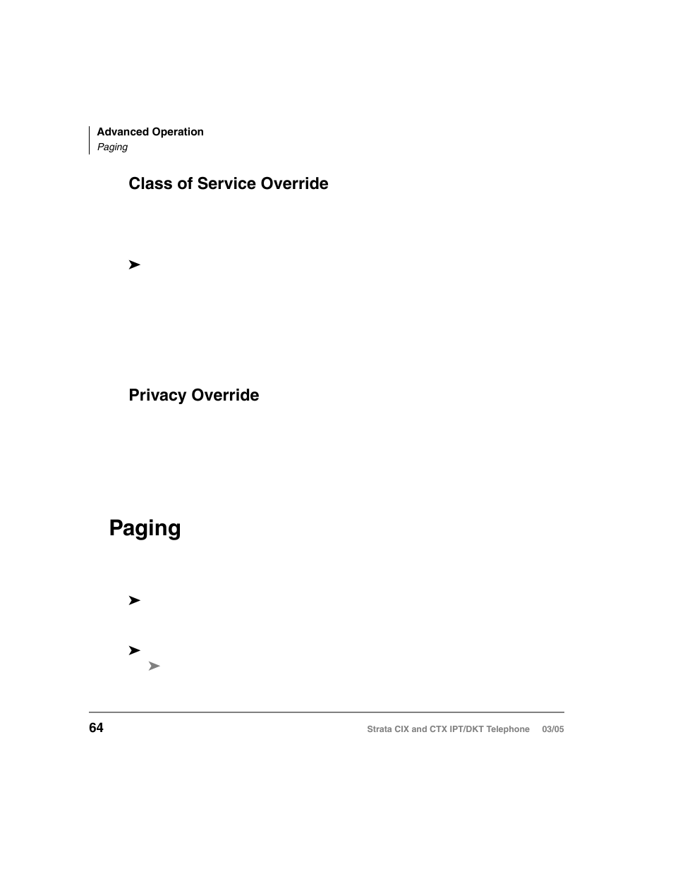 Class of service override, Privacy override, Paging | Class of service override privacy override | Toshiba CIX User Manual | Page 78 / 141