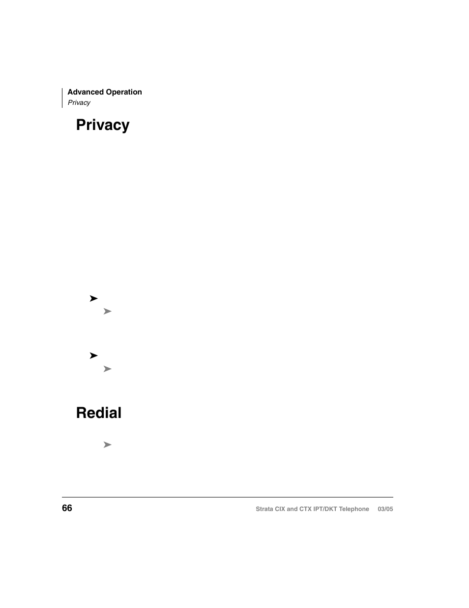 Privacy, Redial, Privacy redial | Toshiba CIX User Manual | Page 80 / 141