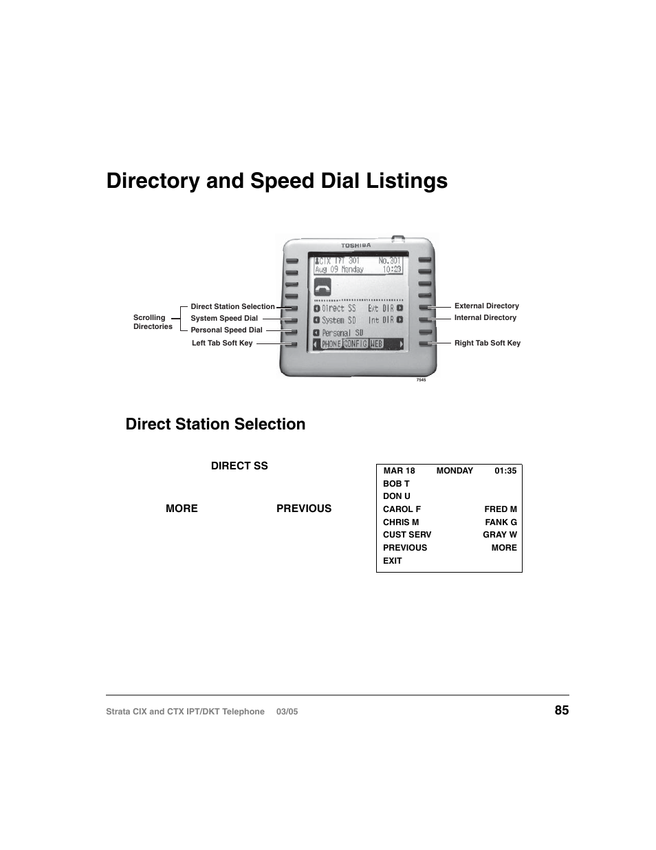 Directory and speed dial listings, Direct station selection, Directory and speed dial | Toshiba CIX User Manual | Page 99 / 141