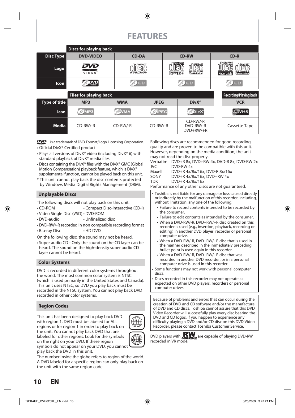 Features, 10 en 10 en | Toshiba DVR620KU User Manual | Page 10 / 113