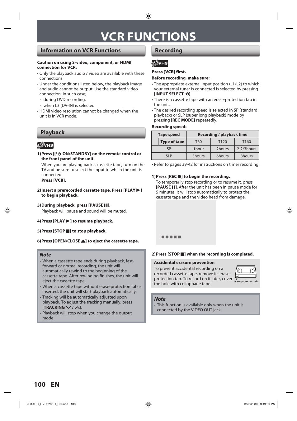 Vcr functions, 100 en, Playback recording | Information on vcr functions | Toshiba DVR620KU User Manual | Page 100 / 113