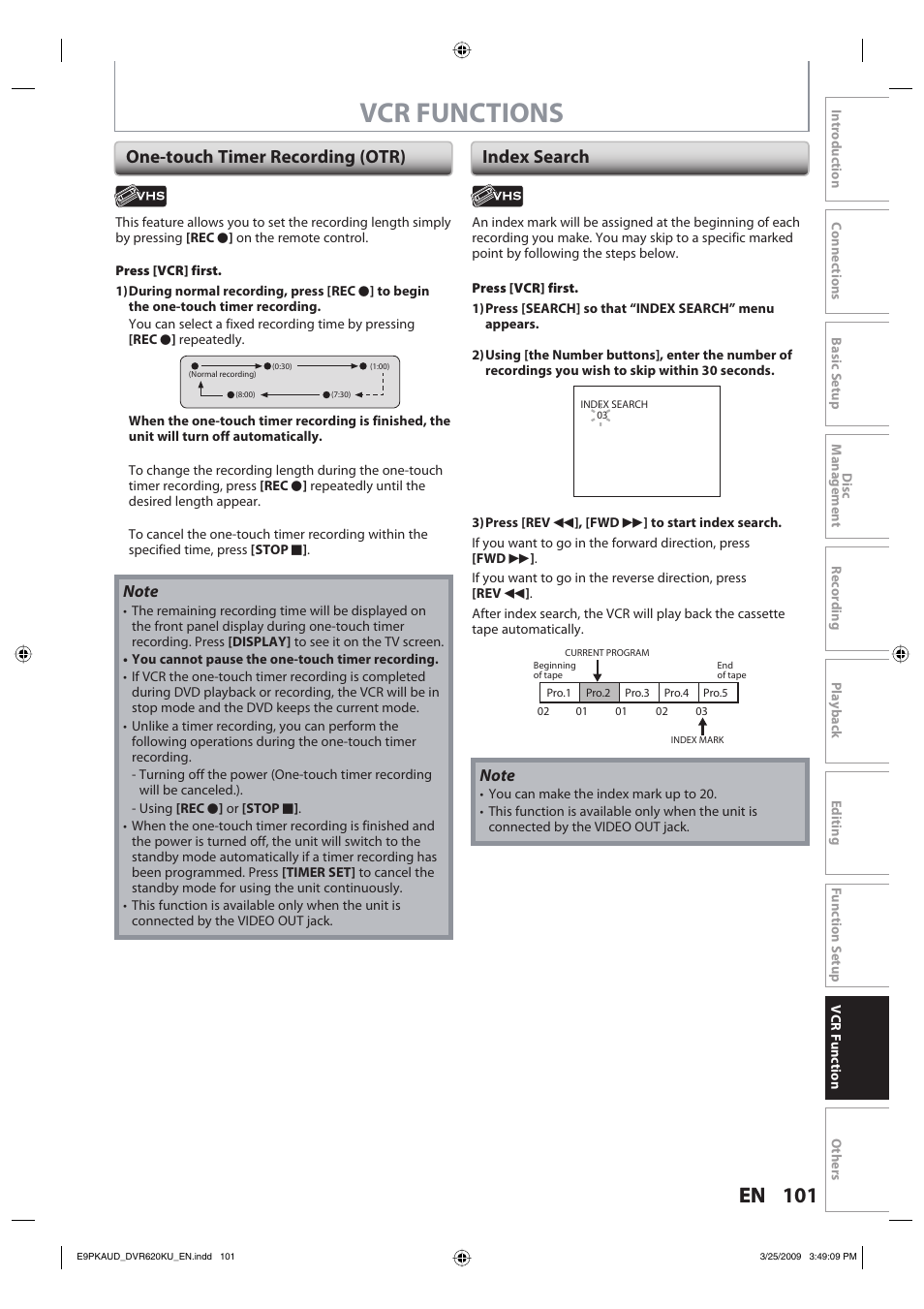 Vcr functions, One-touch timer recording (otr) index search | Toshiba DVR620KU User Manual | Page 101 / 113