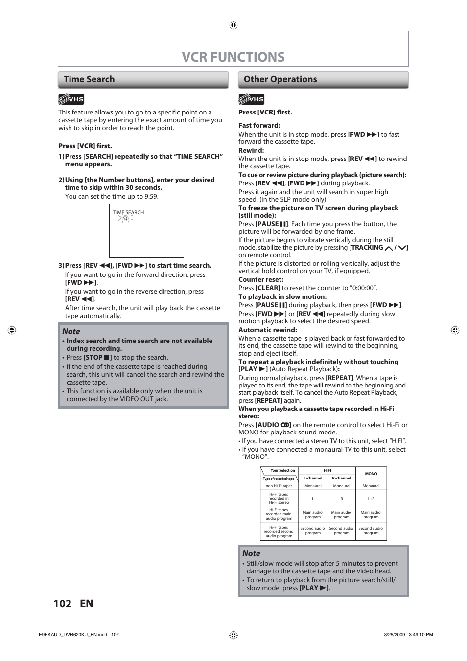 Vcr functions, 102 en, Time search other operations | Toshiba DVR620KU User Manual | Page 102 / 113