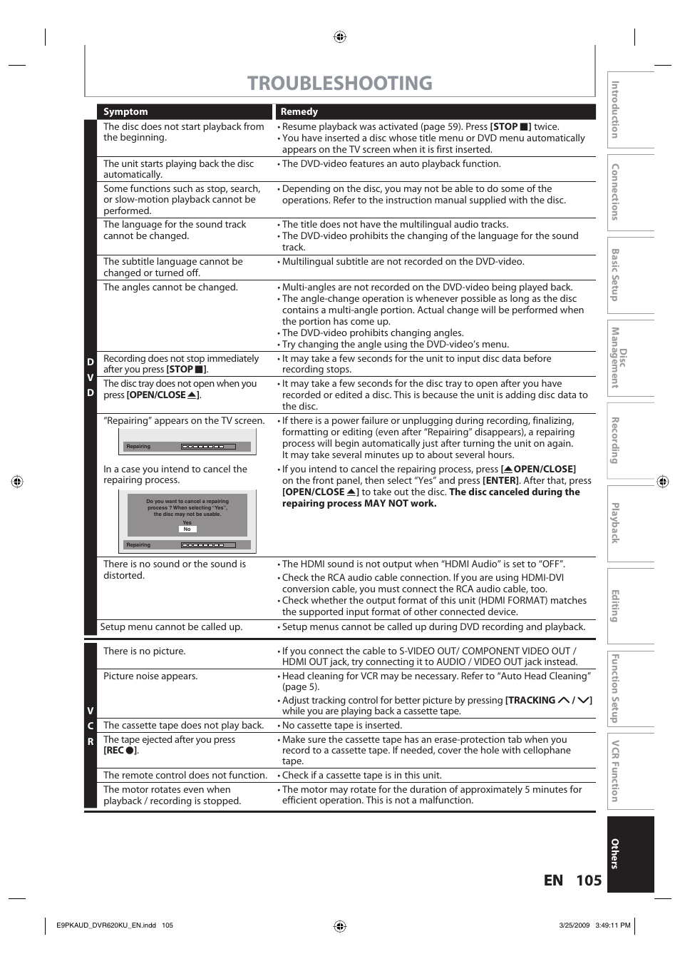 Troubleshooting | Toshiba DVR620KU User Manual | Page 105 / 113