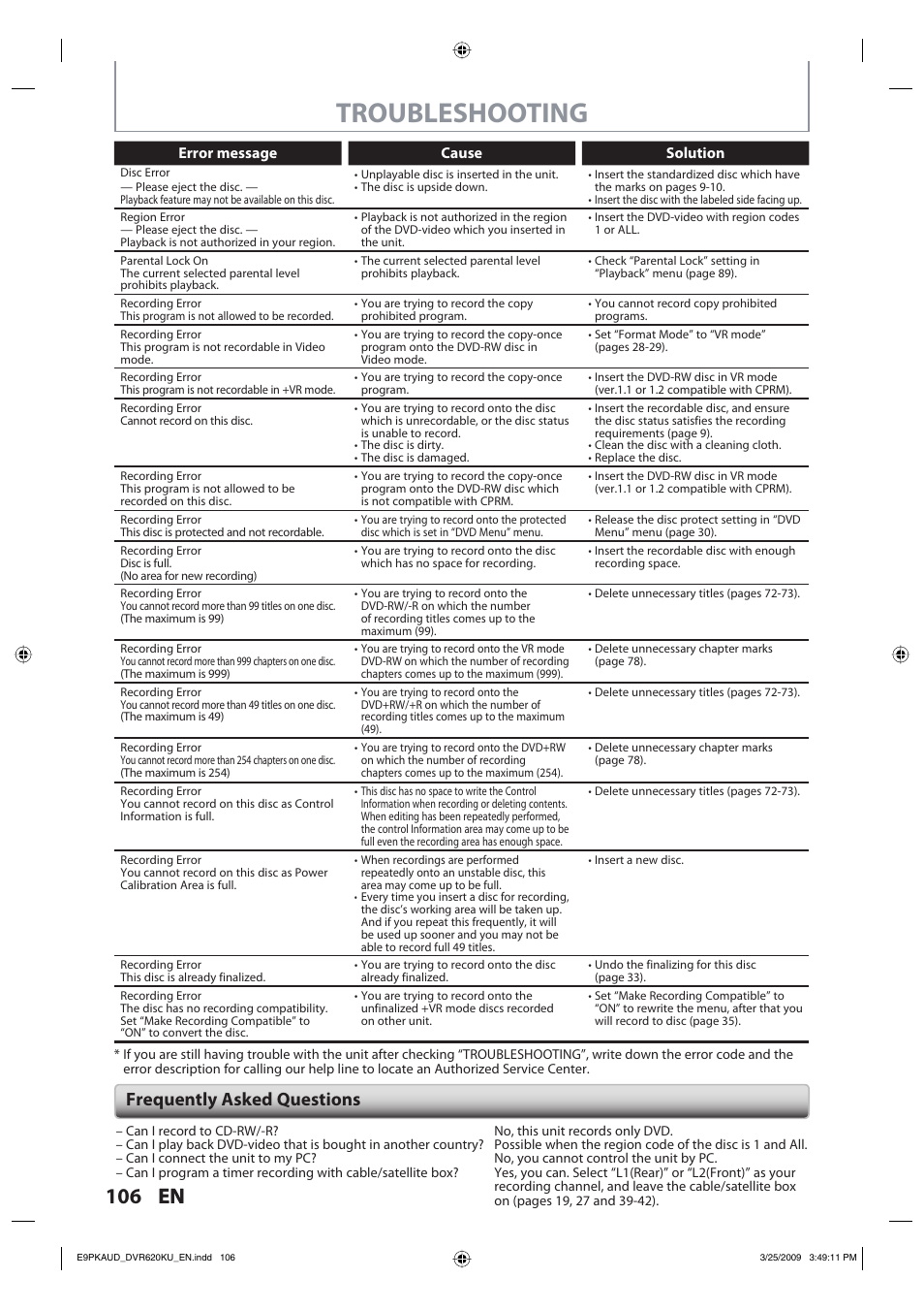 Troubleshooting, 106 en, Frequently asked questions | Error message cause solution | Toshiba DVR620KU User Manual | Page 106 / 113