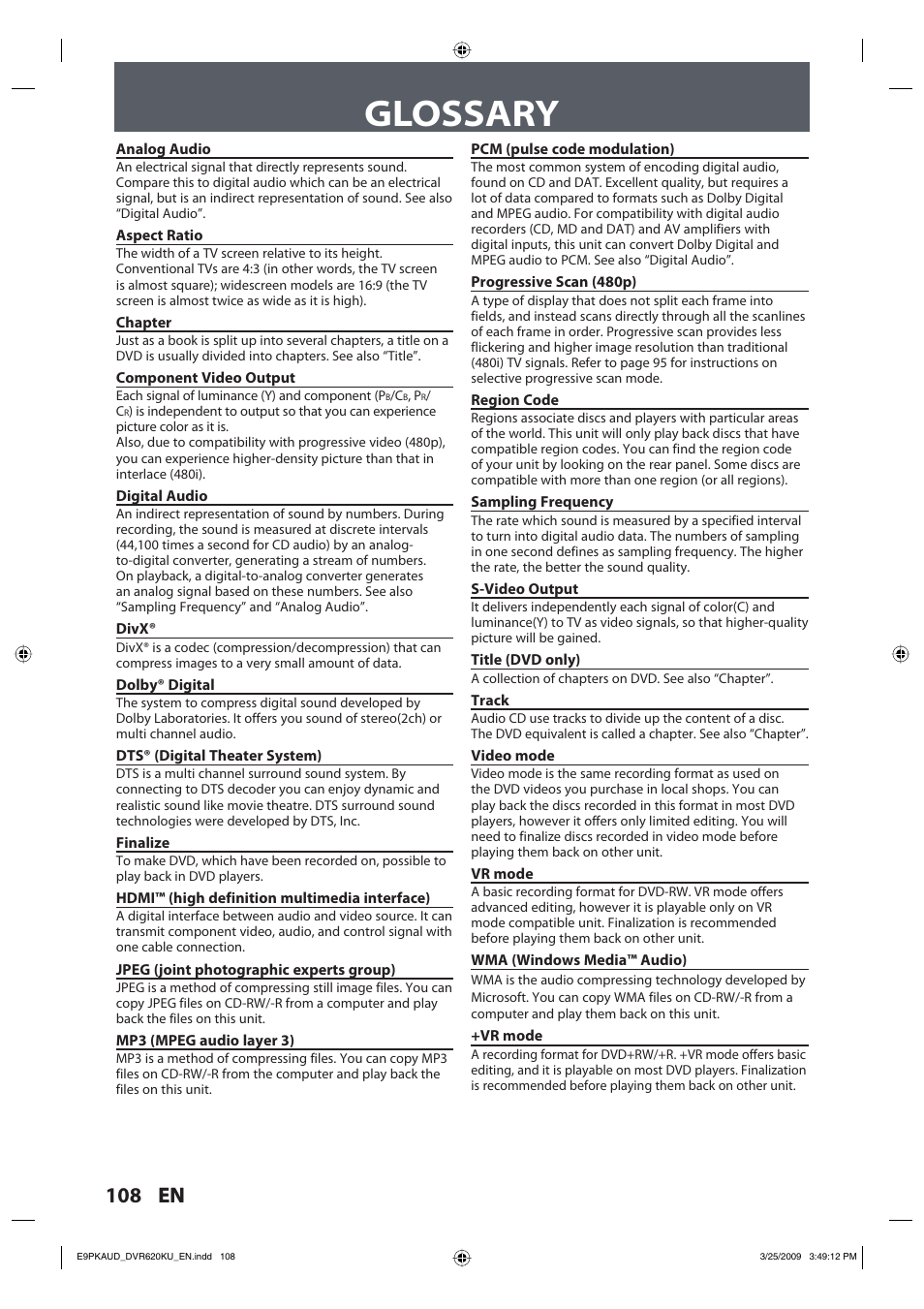 Glossary, 108 en | Toshiba DVR620KU User Manual | Page 108 / 113