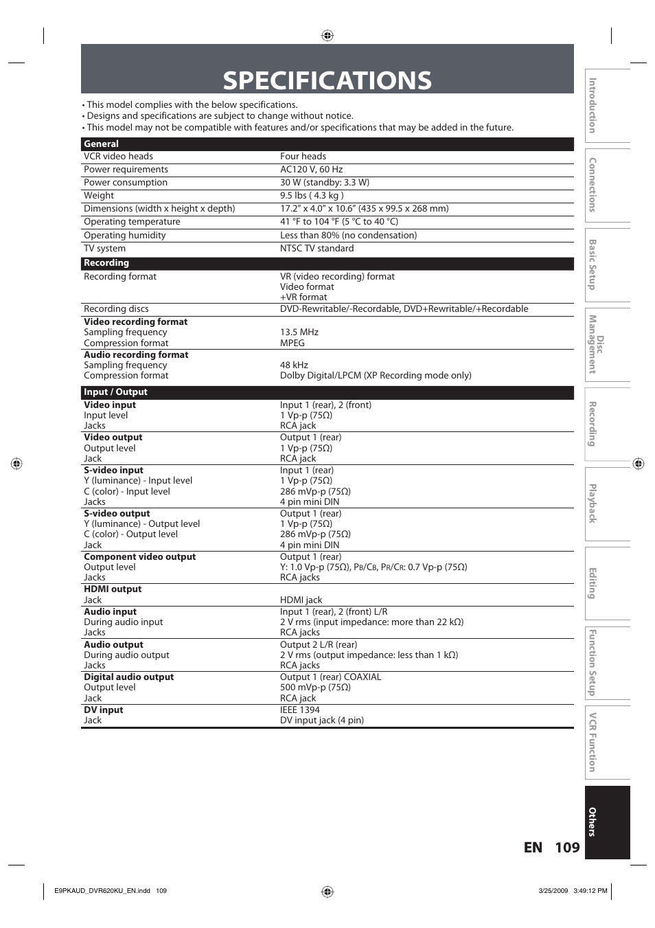 Specifications | Toshiba DVR620KU User Manual | Page 109 / 113