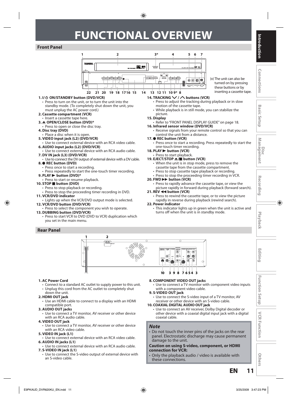 Functional overview, 11 en 11 en, Front panel | Rear panel | Toshiba DVR620KU User Manual | Page 11 / 113