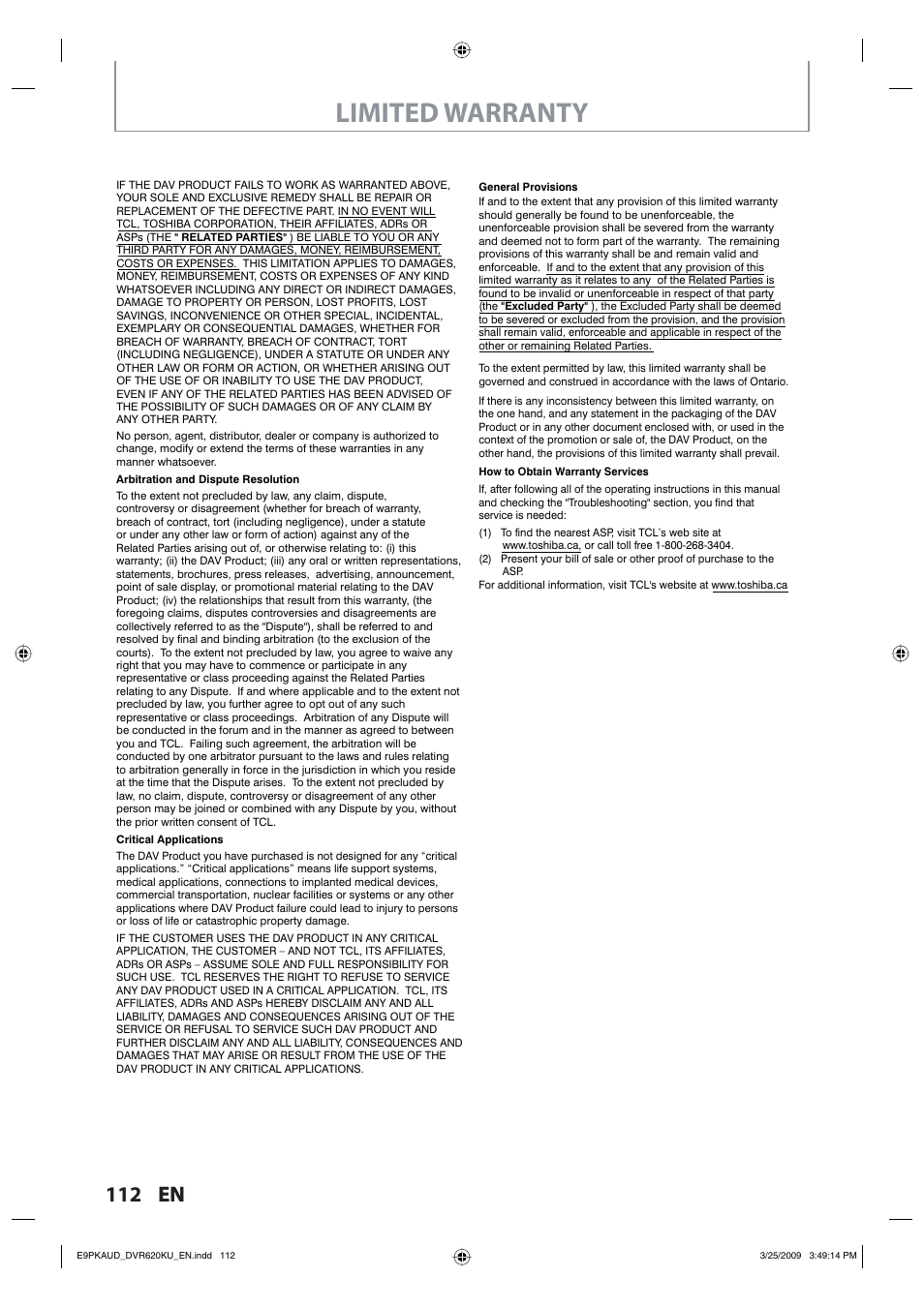 Limited warranty, 112 en | Toshiba DVR620KU User Manual | Page 112 / 113