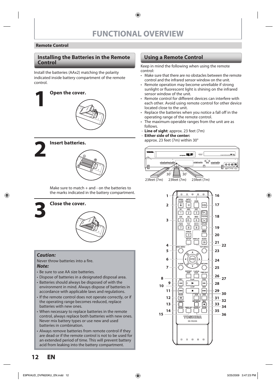 Functional overview, 12 en 12 en, Installing the batteries in the remote control | Using a remote control, Caution, Open the cover, Insert batteries, Close the cover, Remote control | Toshiba DVR620KU User Manual | Page 12 / 113