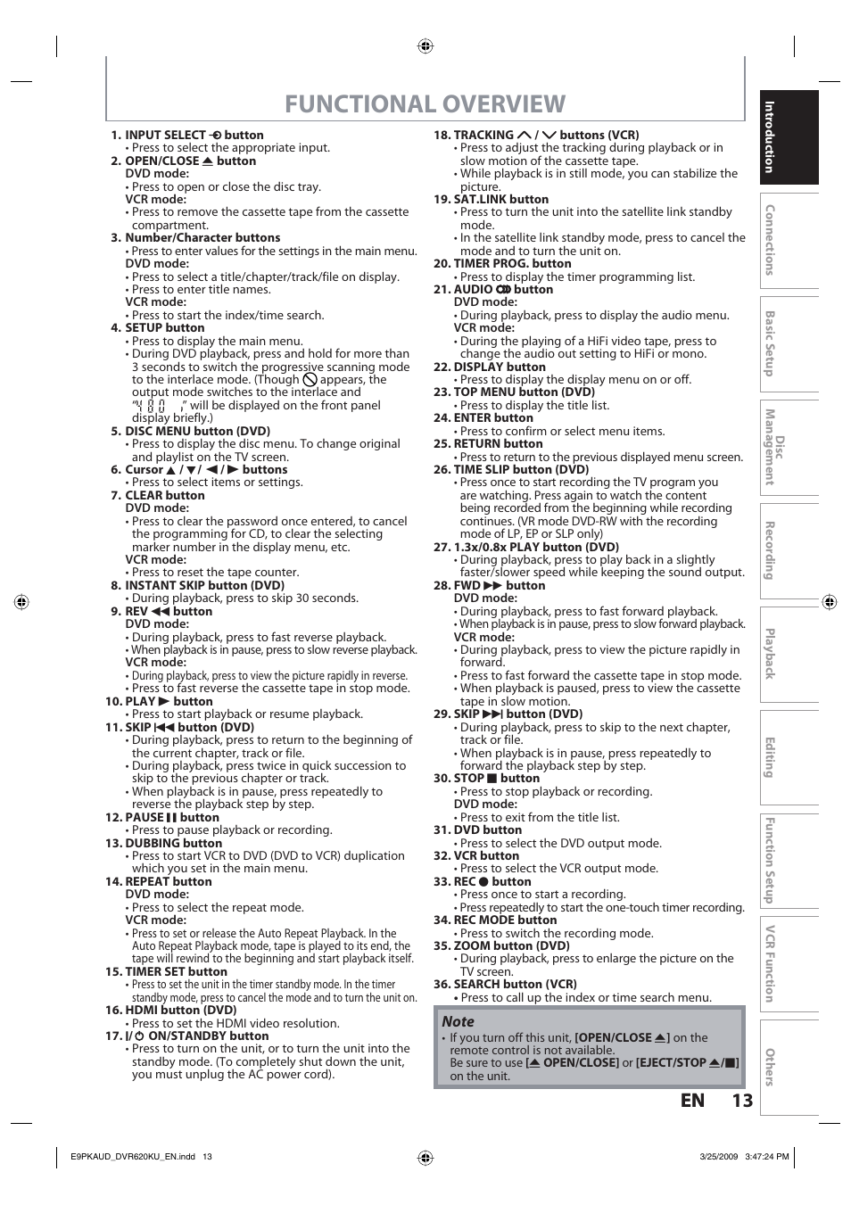 Functional overview, 13 en 13 en | Toshiba DVR620KU User Manual | Page 13 / 113