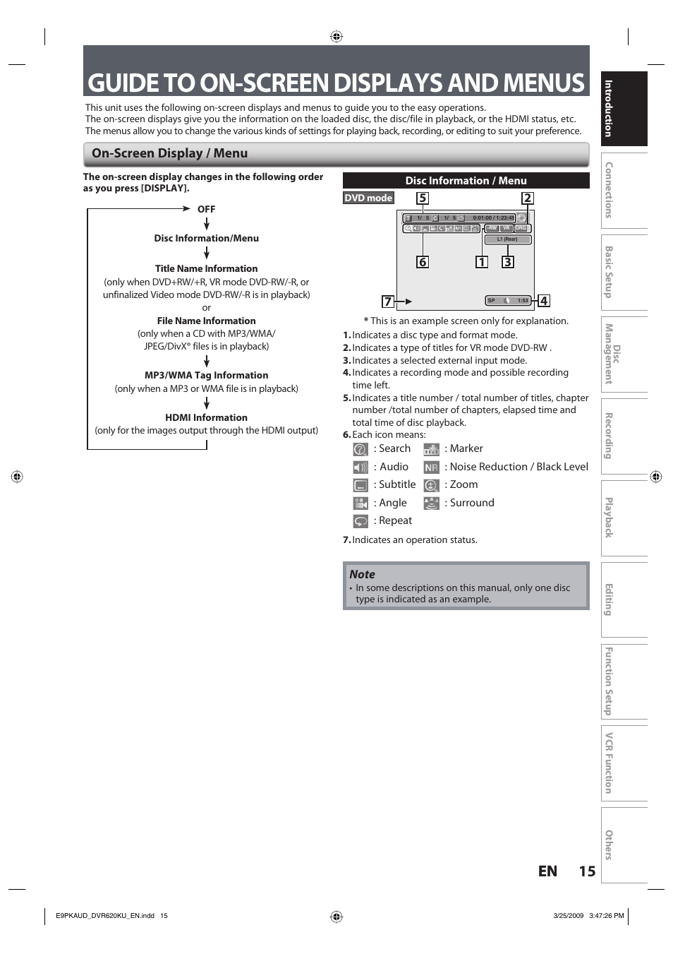 Guide to on-screen displays and menus, 15 en 15 en, On-screen display / menu | Toshiba DVR620KU User Manual | Page 15 / 113