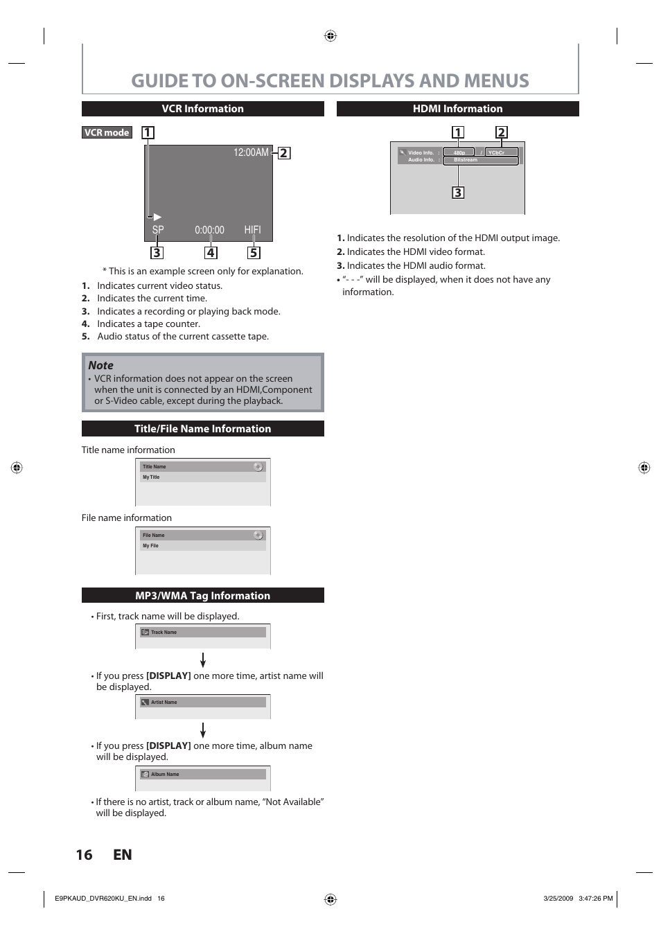 Guide to on-screen displays and menus, 16 en 16 en | Toshiba DVR620KU User Manual | Page 16 / 113