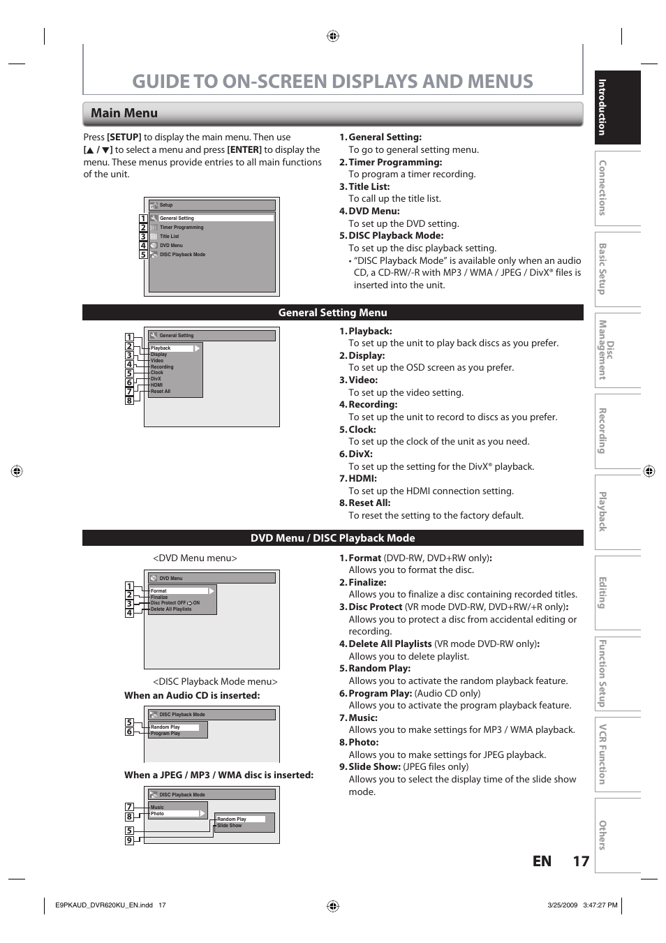 Guide to on-screen displays and menus, 17 en 17 en, Main menu | Toshiba DVR620KU User Manual | Page 17 / 113