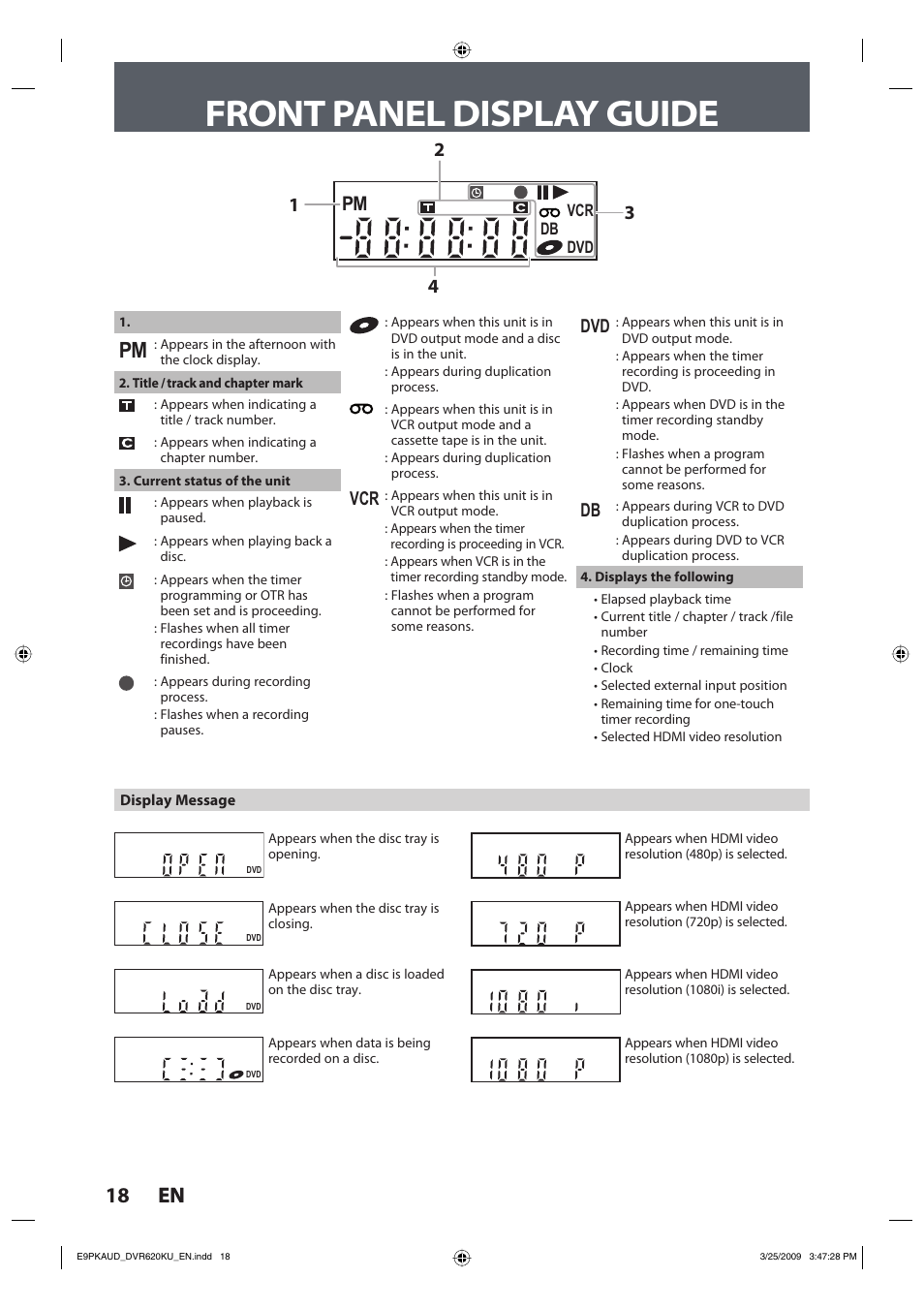 Front panel display guide, 18 en 18 en | Toshiba DVR620KU User Manual | Page 18 / 113